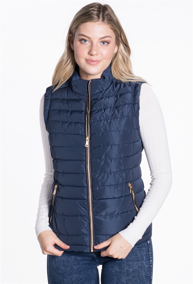 Women's Puffer Vest with Vegan Leather Piping