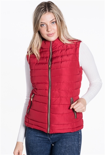 Women's Puffer Vest with Vegan Leather Piping