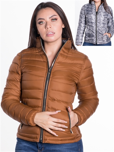 Women's Reversible Puffer Jacket with Python Print and High Shine Zippers