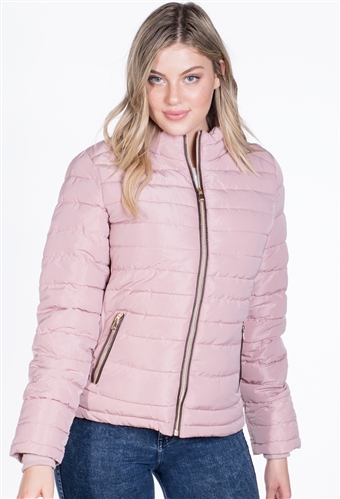 Women's Puffer Jacket with High Shine Zipper and Vegan Leather Piping