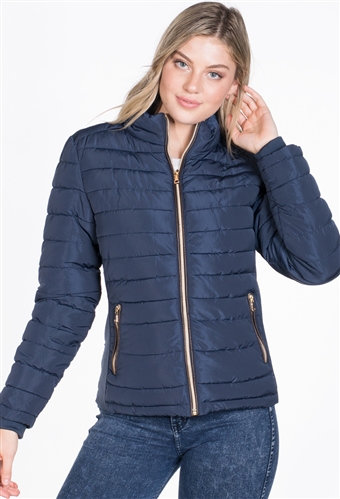 Women's Puffer Jacket with High Shine Zipper and Vegan Leather Piping