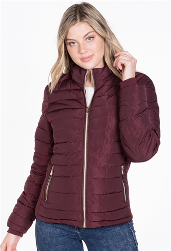 Women's Puffer Jacket with High Shine Zipper and Vegan Leather Piping