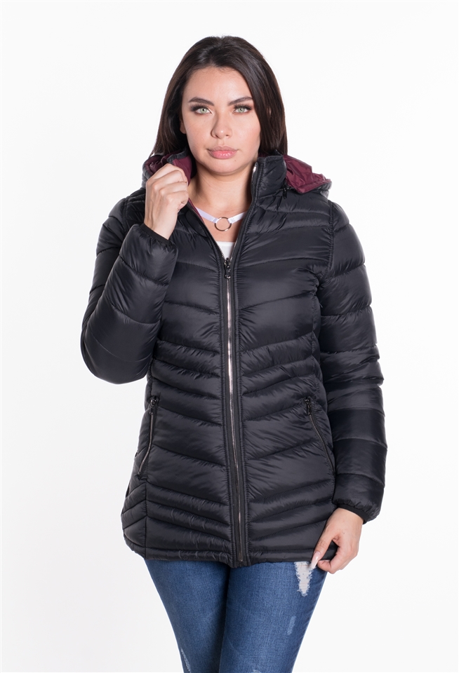 Women's Mid-Length Reversible Puffer Jacket with High Shine Zippers