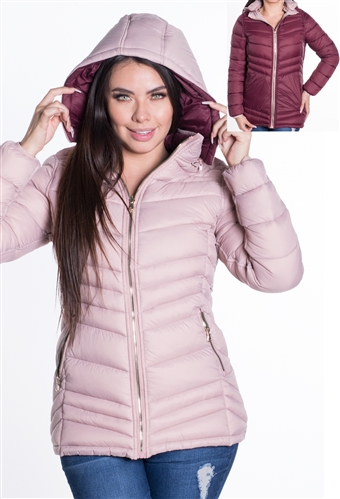 Women's Mid-Length Reversible Puffer Jacket with High Shine Zippers