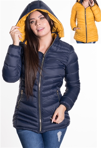 Women's Mid-Length Reversible Puffer Jacket with High Shine Zippers