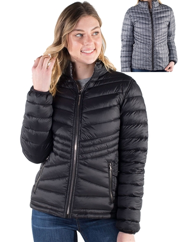 Women's Reversible Puffer Jacket with Houndstooth Print and High Shine Zippers