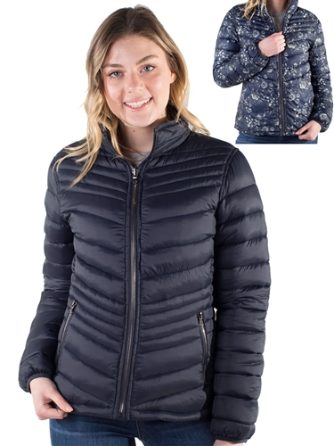 Women's Reversible Puffer Jacket with Floral Print and High Shine Zippers