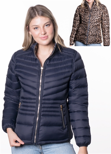Women's Reversible Puffer Jacket with Leopard Print and High Shine Zippers
