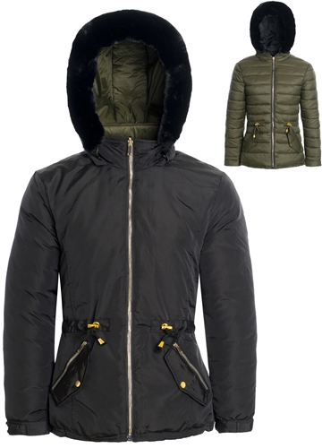 Women's Jacket with High Shine Zippers and Snap Buttons and Detachable Hood