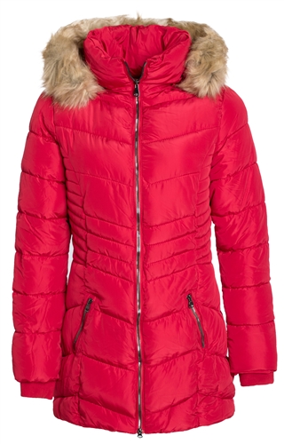 Women's Mid Length Puffer Jacket with Detachable Faux Fur Hood