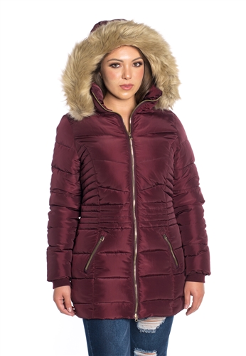Women's Mid-Length Puffer Jacket with Detachable Faux Fur Hood