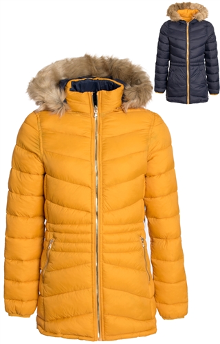 Women's Mid Length Reversible Puffer Jacket with Detachable Faux Fur Hood