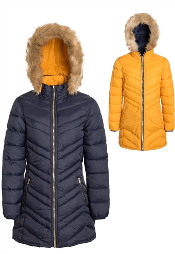 Women's Long Solid Reversible Puffer Jacket with Detachable Faux Fur Hood