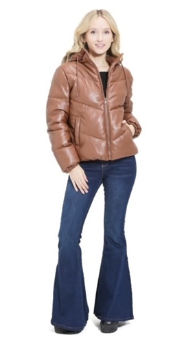 Faux Leather Effect Puffer Jacket w/ Adjustable Hood Long Sleeve Finishing w/ Elastic Live Side Pockets Button Finishing w/ Elastic Front Closure w/ Zipper. Chic & Timeless Cool Weather Look