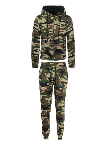 Women's Camouflage Faux Sherpa-Lined Zip-Up Hoodie and Joggers Set