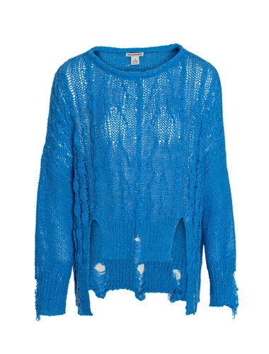 Women's Cable Knit Sweater with Distressed Hems