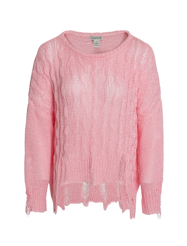 Women's Cable Knit Sweater with Distressed Hems