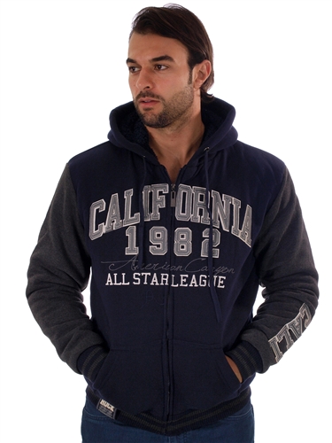 RR150010-NAVY- Men's Fur-Lined Applique Zip-Up Hoodie<BR>1-2-2-1