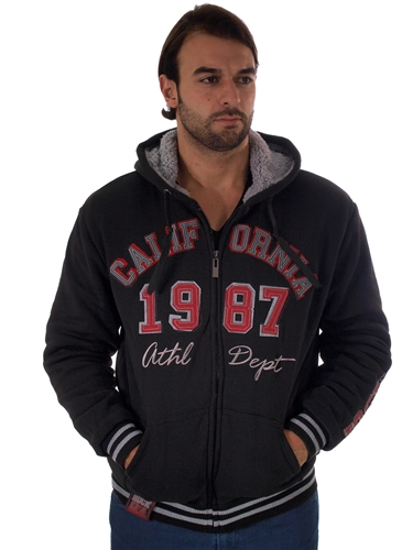 RR150012-BlackRed- Men's Fur-Lined Applique Zip-Up Hoodie by Rock<BR>1-2-2-1