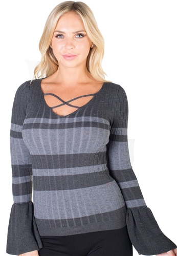Ladies Ribbed Striped Sweater with Strappy Neckline and Bell Sleeves By Special One