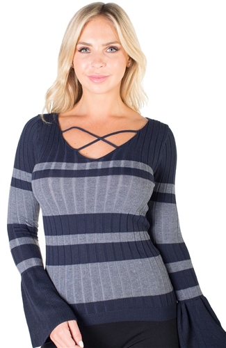 Ladies Ribbed Striped Sweater with Strappy Neckline and Bell Sleeves By Special One