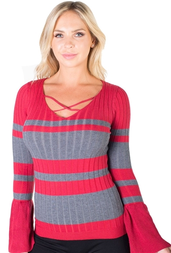 Ladies Ribbed Striped Sweater with Strappy Neckline and Bell Sleeves By Special One