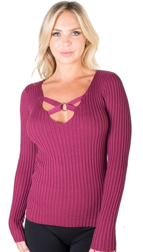 Ladies Strappy Neckline with Metal Ring Ribbed Sweater Top By Special One