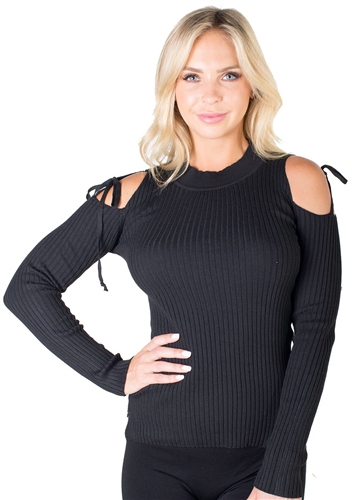 Ladies Ribbed Cold Shoulder Sweater Top By Special One