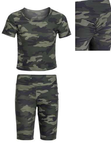 Women's Camo or Tie-Dye Crop Top and Ruched Biker Shorts Set