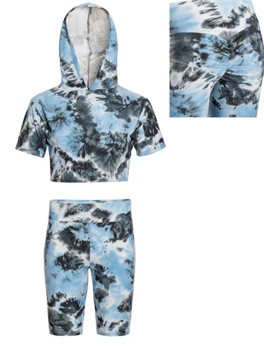 Women's Camo or Tie-Dye Hoodie Crop Top and Back Ruched Biker Shorts Set