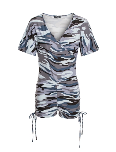 Women's Camo or Tie-Dye Faux Wrap Drawstring Ruched Sides Romper