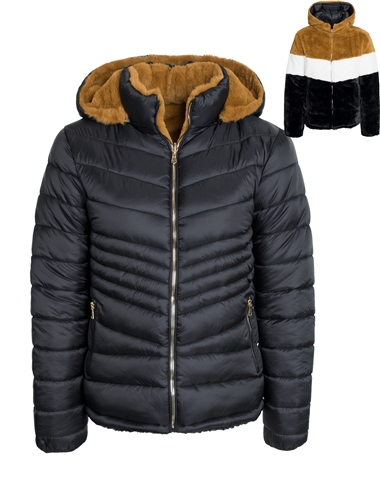 Ladies Reversible Puffer and Faux Fur Jacket with Detachable Hood