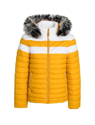 Ladies Color Blocking Puffer Jacket with Detachable Faux Fur Hood