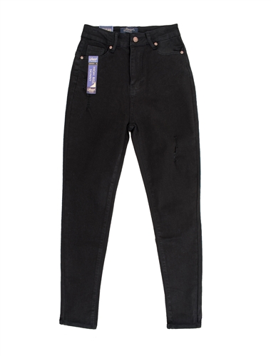 Ladies Black Basic High Waist Skinny Jeans with Small Distressed Details