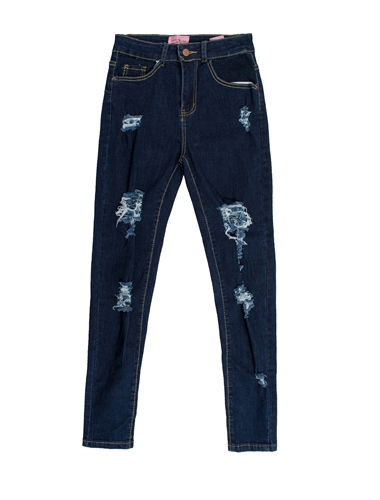 Ladies Dark Wash Distressed Skinny Jeans with Button Fly