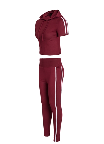 Women's Leggings and Crop Pullover Hoodie Set with Side Stripes/
