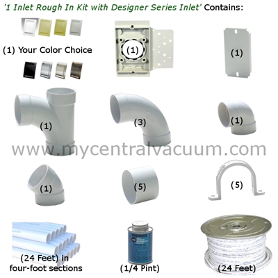 Central Vacuum 1 Inlet Rough In Kit with Designer Series Inlet - 8 Finish Choices