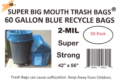 45 - 55 - 60 Gallon BLUE RECYCLE Trash Bags 42" x 56" - 2-MIL - Flat Packed - 50 Bags