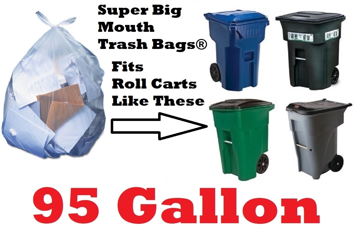 95 Gallon Garbage Bags: Clear, 1.5 mil, 61x68, 50 bag/case.