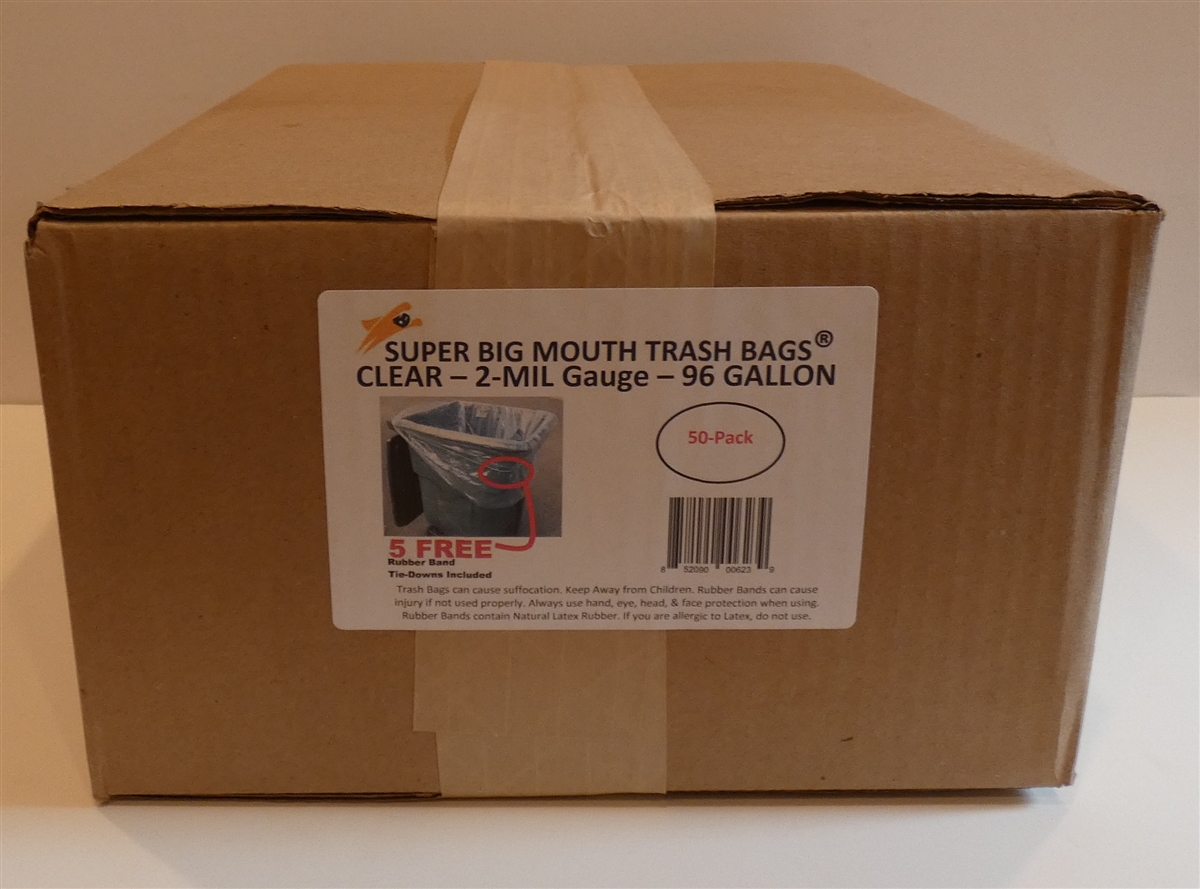  96 Gallon Super Big Mouth Trash Bags 3-Pack Plus 1 Free Rubber  Tie Down Band : Health & Household