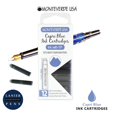 Monteverde G305CB Ink Cartridges Clear Case Gemstone Capri Blue- Pack of 12 / Monteverde G305CB Capri Blue Ink cartridges Pack of 12