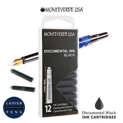 Monteverde G305DB Ink Cartridges Clear Case Documental Permanent Black-Pack of 12 / Monteverde G305DB Documental Permanent Black Ink Cartridges Pack of 12