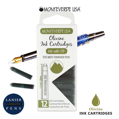 Monteverde G305OL Ink Cartridges Clear Case Gemstone Olivine- Pack of 12 / Monteverde G305OL Olivine Ink Cartridges Pack of 12