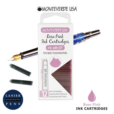 Monteverde G305RP Ink Cartridges Clear Case Gemstone Rose Pink- Pack of 12 / Monteverde G305RP Rose Pink Ink Cartridges Pack of 12