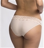 Nude bikini brief with lace detailing on band and scalloped side edges and opaque microfibre front