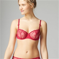 Gorgeous cranberry red half cup sheer bra with lace detailing and subtle decorative straps.