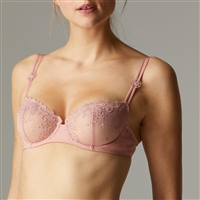 Gorgeous rose peach half cup sheer bra with lace detailing and subtle decorative straps