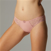 Rose peach bikini brief featuring front and back in opaque and sides made of embroidery with an accent of guipure