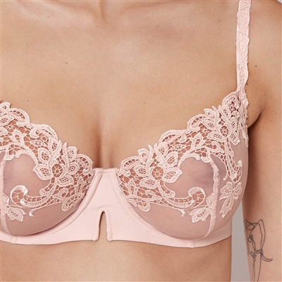 Stunning sheer half cup bra in a gorgeous blush colour with lace and embroidery detail tulle cups