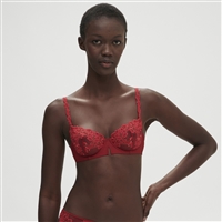 Stunning sheer half cup bra in a gorgeous lipstick red colour with lace and embroidery detail tulle cups